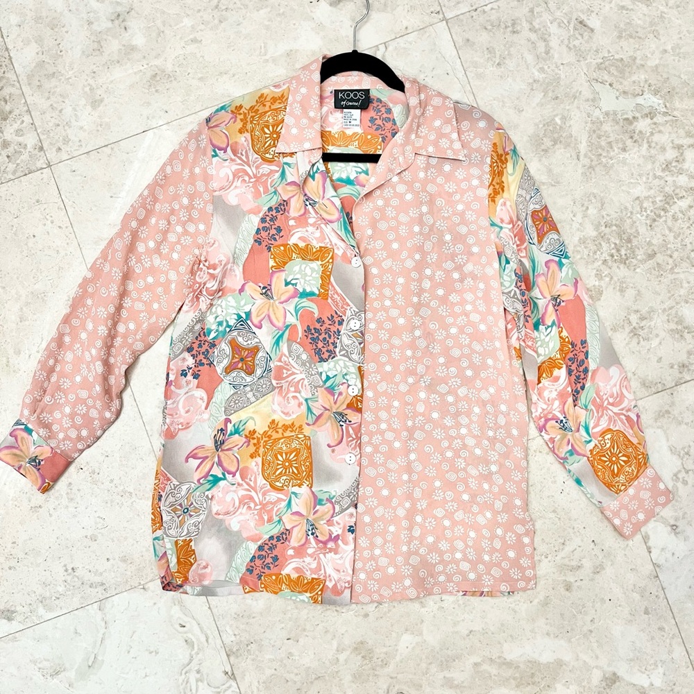 KOOS OF COURSE Pink floral 100% Silk Button Down Blouse size medium